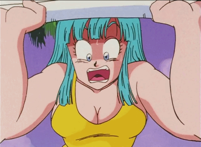 anime breasts chair cleavage dragon_ball dragon_ball_z gif maron scared swimsuit