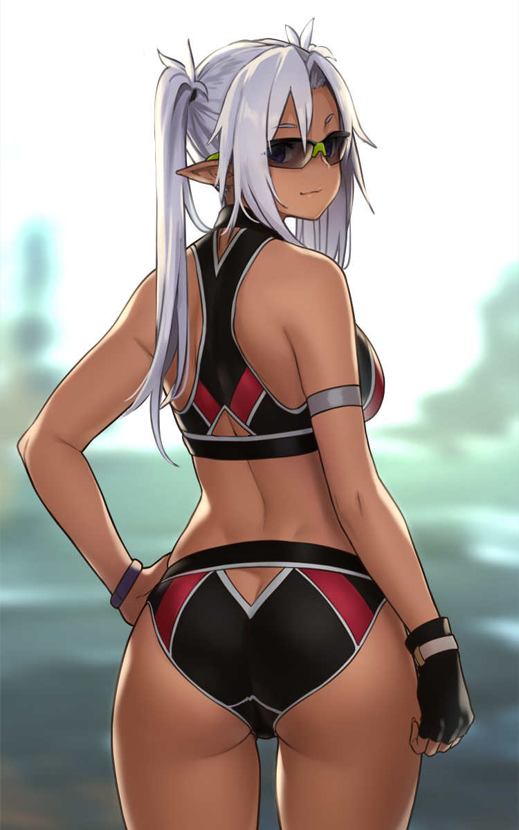 1girl armband ass bangs bare_shoulders black_gloves blurry blurry_background closed_mouth cowboy_shot dark-skinned_white-haired dark_elf dark_skin depth_of_field elf fingerless_gloves from_behind gloves hand_on_hip high_resolution houtengeki light_smile long_hair looking_at_viewer looking_back original outside parted_bangs pointed_ears sidelocks silver_hair single_glove sportswear standing sunglasses tied_hair twin_tails white_hair wristband
