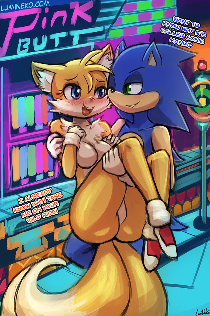 1girl anthro ass blue_eyes blush breasts bridal_carry canine clothing crossgender featureless_breasts featureless_crotch female fox furry genderswap gloves green_eyes hedgehog lumineko male male/female mammal melissa_"tailsko"_prower miles_"tails"_prower millie_tailsko mostly_nude sega sonic sonic_(series) sonic_the_hedgehog television