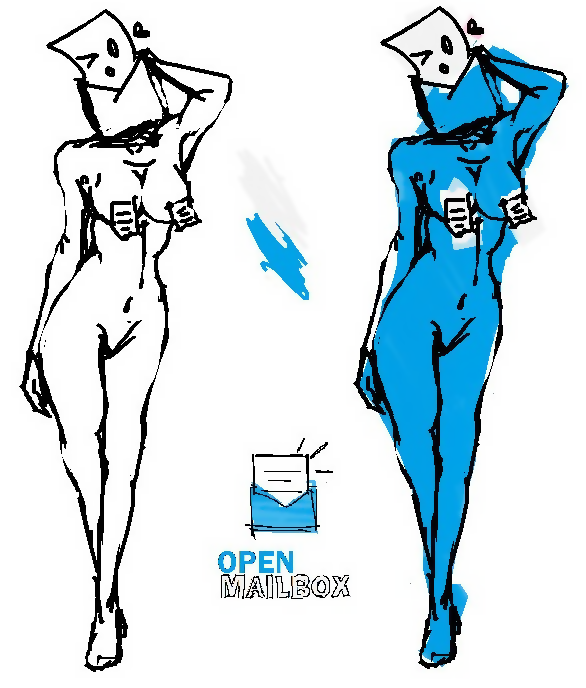 1girl anonmouse blue_skin breasts email envelope inanimate looking_at_viewer mail mascot mascots navel nipple_tassels openmailbox personification sketch software white_background