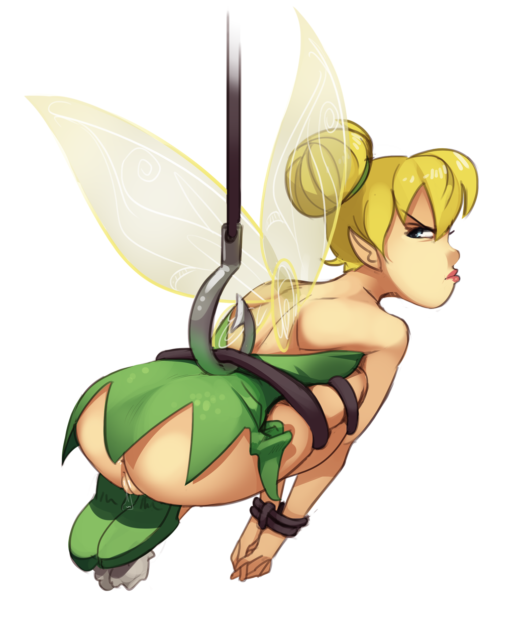 1girl angry ass blonde_hair blue_eyes bondage disney disney_fairies dress long_hair looking_back no_panties partially_clothed peter_pan pointy_ears pussy pussy_juice tied tinker_bell upskirt white_background wings