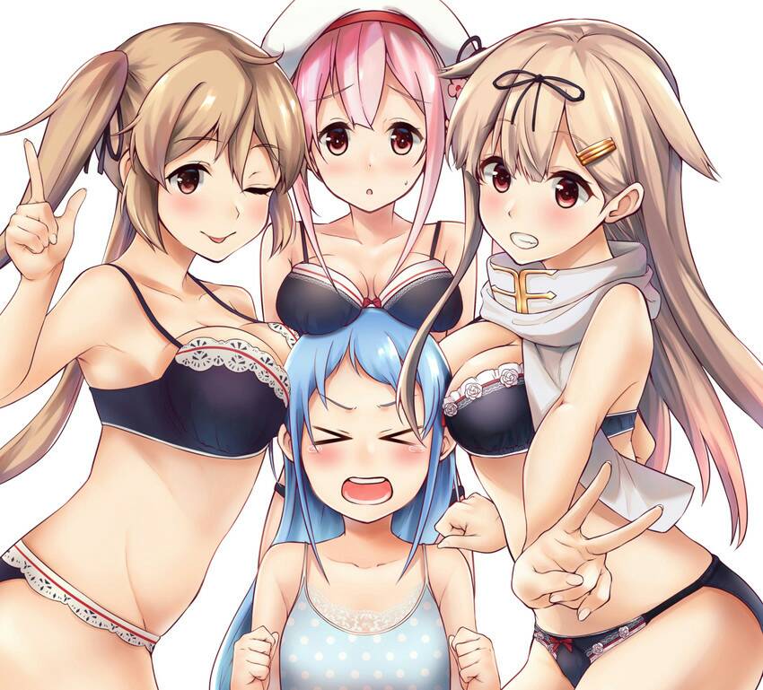 &gt;_&lt; 4girls ;p black_bra black_panties blue_bra blue_hair blush bra breast_envy breast_press breast_rest breasts brown_hair cleavage from_side grin hair_ornament hairclip haregama_shiina harusame_(kantai_collection) hat index_finger_raised kantai_collection large_breasts long_hair looking_at_viewer medium_breasts multiple_girls murasame_(kantai_collection) one_eye_closed panties pink_hair polka_dot polka_dot_bra samidare_(kantai_collection) scarf simple_background small_breasts smile tears tongue tongue_out twintails underwear v white_background white_scarf yuudachi_(kantai_collection)