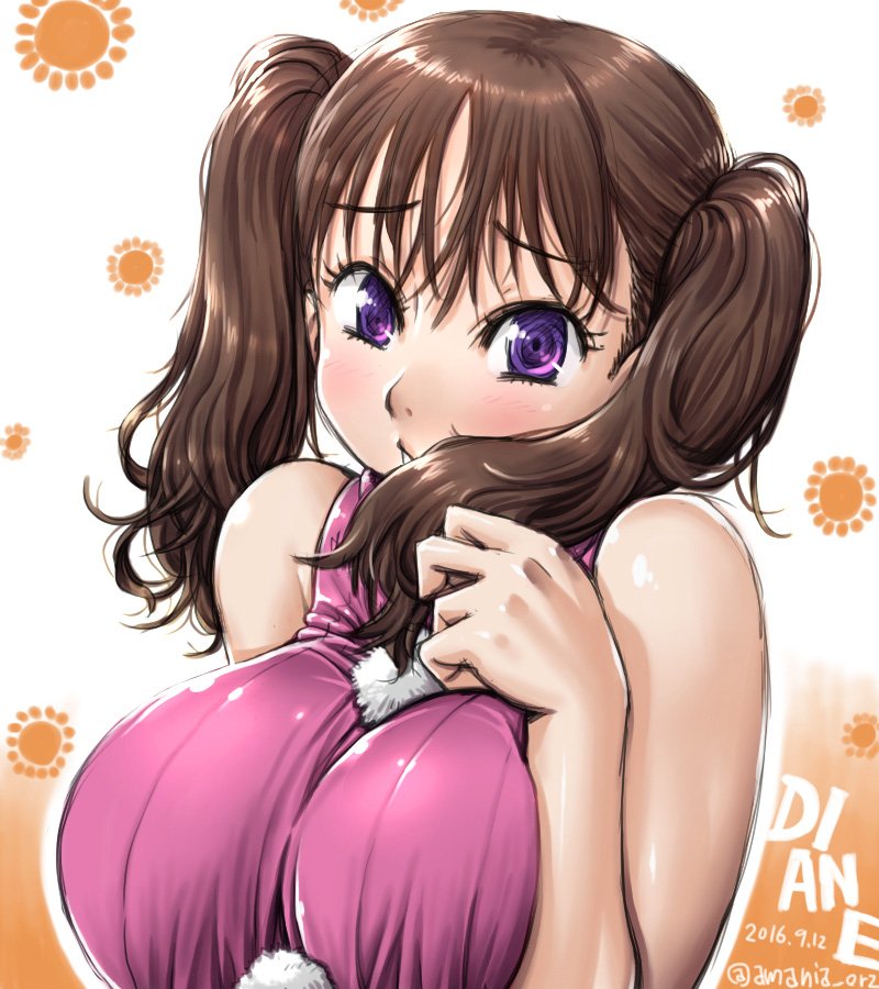 10s 1girl amania_orz bare_shoulders big_breasts blush breasts brown_hair character_name dated diane_(nanatsu_no_taizai) hair_twirling impossible_clothes impossible_sweater long_hair nanatsu_no_taizai parted_lips purple_eyes shiny shiny_hair smile sweater twin_tails twitter_username upper_body