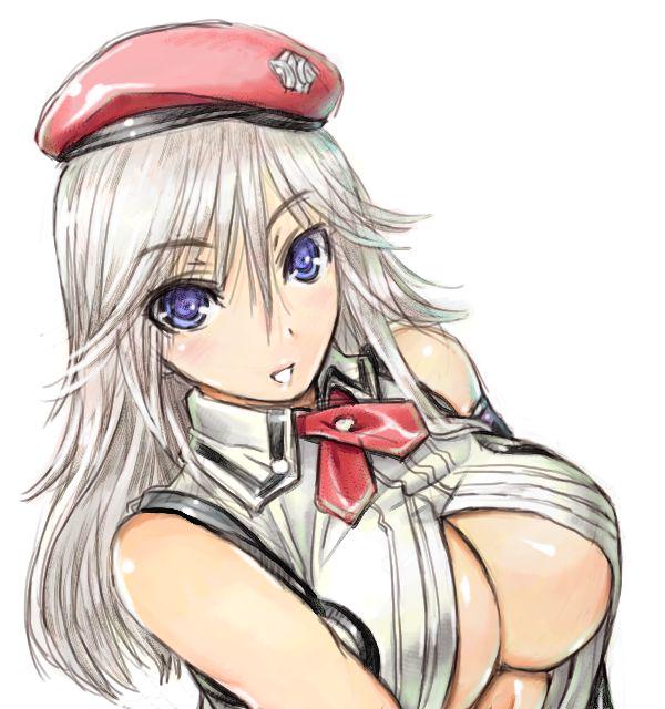 10s 1girl 1girl alisa_ilinichina_amiella amania_orz big_breasts blue_eyes breasts god_eater god_eater_2:_rage_burst long_hair looking_at_viewer no_bra silver_hair simple_background smile under_boob white_background