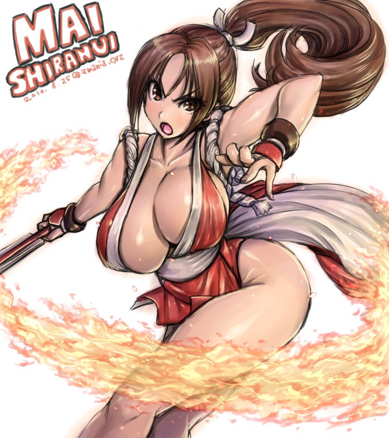 1girl amania_orz blush breasts brown_eyes brown_hair center_opening cleavage closed_fan collarbone fan fire folding_fan hair_ornament huge_breasts japanese_clothes king_of_fighters long_hair mai_shiranui ninja open_mouth pelvic_curtain ponytail revealing_clothes shiny shiny_skin shiranui_mai sideboob simple_background thighs