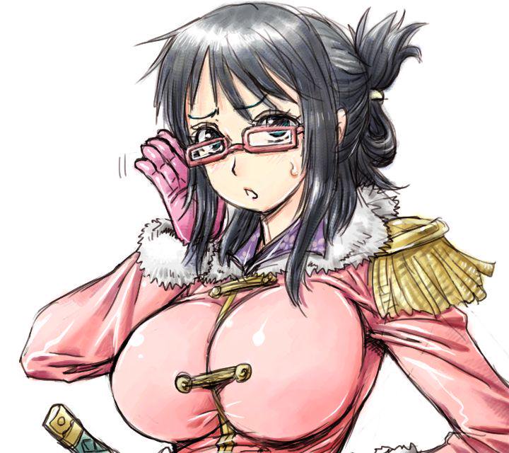1girl 1girl 1girl amania_orz big_breasts black_hair breasts glasses looking_at_viewer one_piece shiny shiny_clothes short_hair sweat sweatdrop sword tashigi weapon white_background