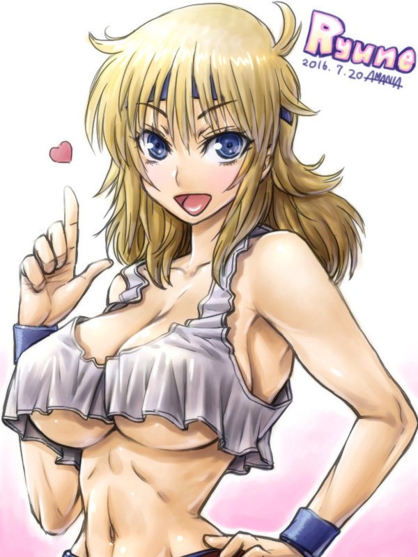 1girl amania_orz bare_shoulders big_breasts blonde_hair blue_eyes breasts character_name crop_top crop_top_overhang dated headband heart index_finger index_finger_raised long_hair looking_at_viewer lune_zoldark midriff navel open_mouth pointing smile super_robot_wars super_robot_wars_original_generation tank_top underboob white_background wristband
