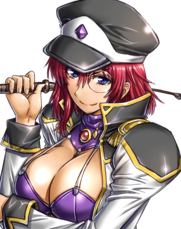 00s 1girl amania_orz big_breasts breasts cleavage forte_stollen galaxy_angel hat looking_at_viewer monocle red_hair riding_crop short_hair skindentation upper_body white_background