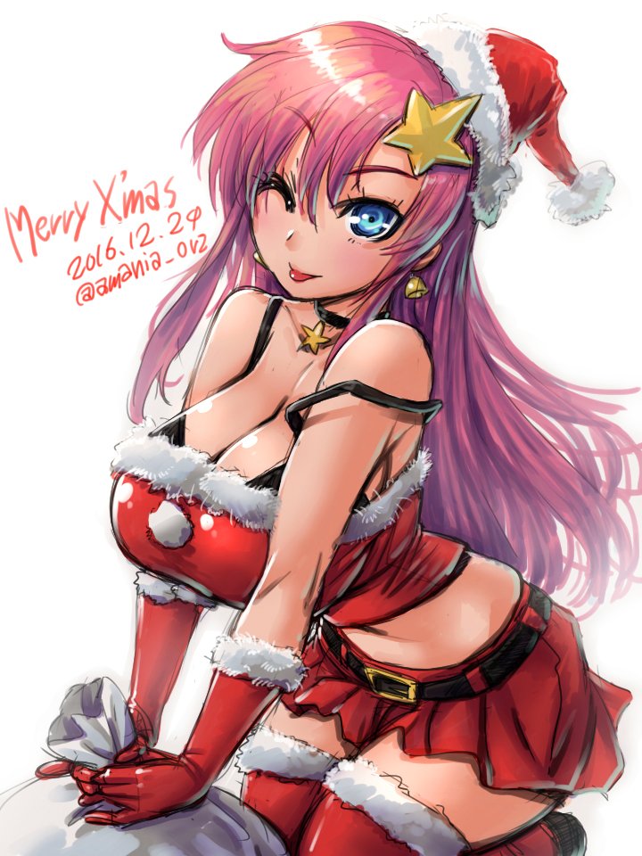 1girl ;p amania_orz bare_shoulders bell bell_earrings belt big_breasts blue_eyes breasts buckle choker christmas cleavage collarbone crop_top dated earrings fur-trimmed_gloves fur-trimmed_legwear fur_trim gloves gundam gundam_seed gundam_seed_destiny hair_ornament hat jewelry long_hair meer_campbell merry_christmas one_eye_closed pink_hair red_clothes red_gloves red_legwear red_skirt sack santa_costume santa_gloves santa_hat shiny shiny_hair sidelocks skirt star star_hair_ornament stockings strap_slip tongue tongue_out twitter_username white_background