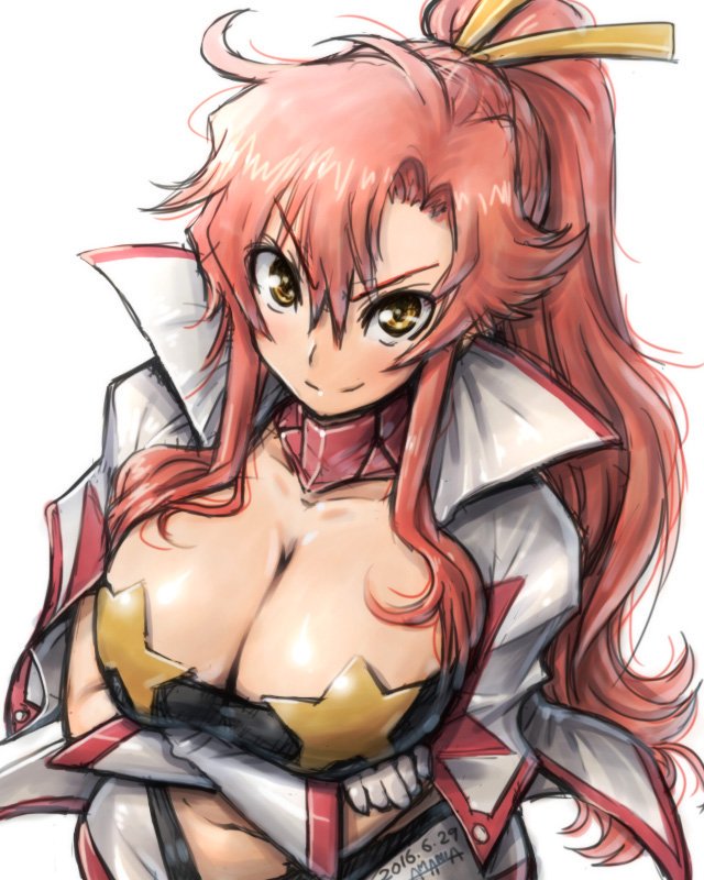 00s 1girl amania_orz bandeau big_breasts breasts cape cleavage dated eyebrows gloves long_hair looking_at_viewer midriff navel ponytail red_hair shiny shiny_skin smile star strapless tengen_toppa_gurren-lagann tubetop white_background yoko_littner