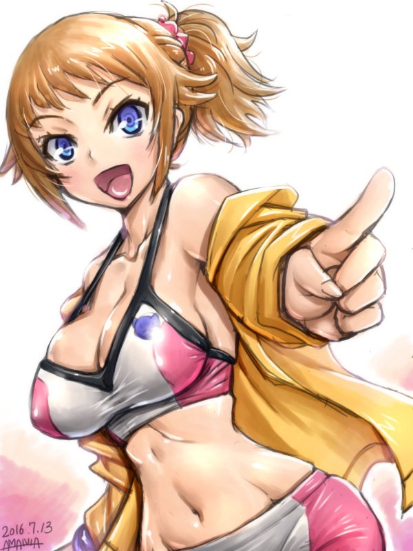 10s 1girl :d amania_orz bare_shoulders big_breasts bike_shorts blue_eyes breasts brown_hair gundam gundam_build_fighters gundam_build_fighters_try hoshino_fumina jacket long_sleeves looking_at_viewer midriff navel off_shoulder open_mouth pointing ponytail scrunchie shiny shiny_skin skindentation smile sports_bra