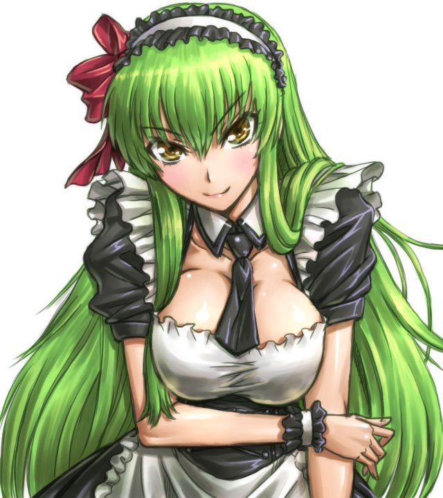 1girl alternate_costume amania_orz apron arm_under_breasts big_breasts breasts c.c. cleavage cleavage_cutout code_geass enmaided frills long_hair looking_at_viewer maid maid_apron maid_headdress neck_tie very_long_hair white_hair