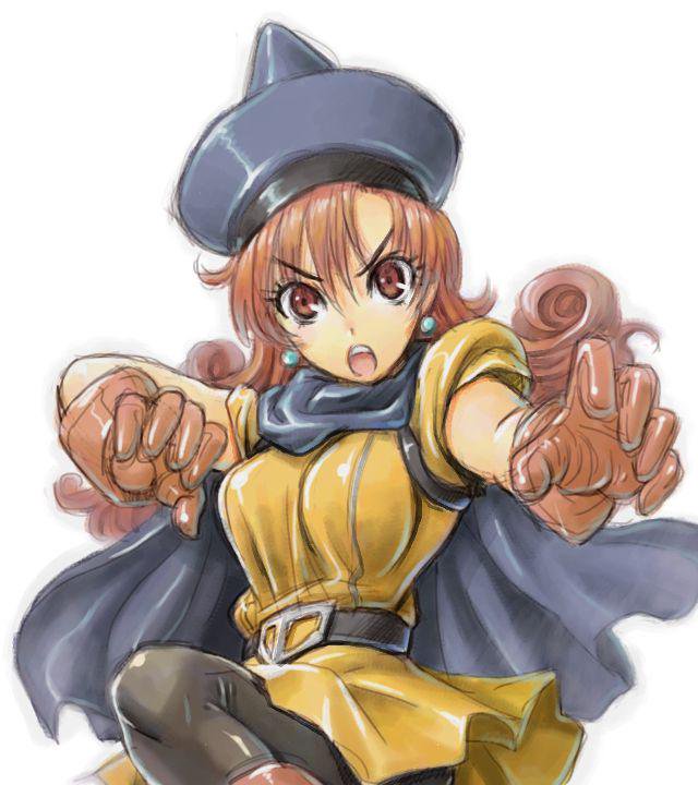 1girl alena_(dq4) amania_orz breasts cape curly_hair dragon_quest dragon_quest_iv earrings hat long_hair looking_at_viewer open_mouth shiny shiny_clothes white_background