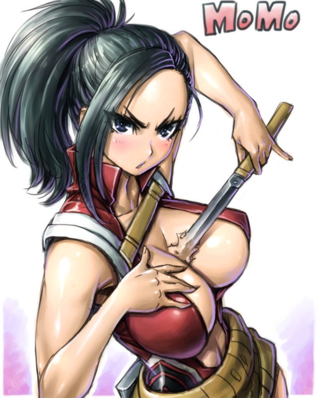 10s 1girl amania_orz big_breasts black_hair blue_eyes blush boku_no_hero_academia breasts center_opening character_name cleavage gradient_background long_hair looking_at_viewer momo_yaoyorozu my_hero_academia navel parted_lips pinky_out ponytail shiny shiny_hair skirt sword triangle_mouth weapon yaoyorozu_momo