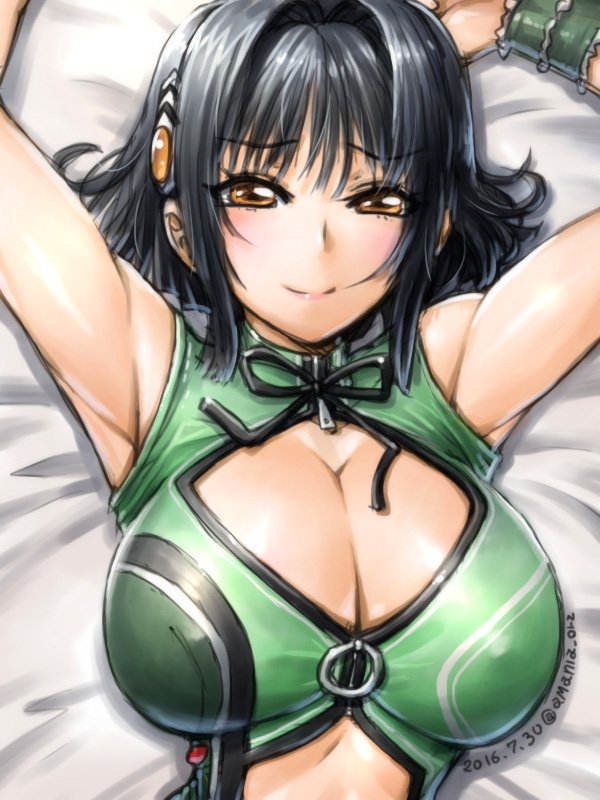 1girl :&gt; amania_orz arm_up armpits bare_shoulders bed big_breasts black_hair blush breasts cleavage cleavage_cutout hair_ornament katia_grineal looking_at_viewer lying on_back short_hair smile super_robot_wars super_robot_wars_judgement super_robot_wars_og_moon_dwellers super_robot_wars_original_generation yellow_eyes