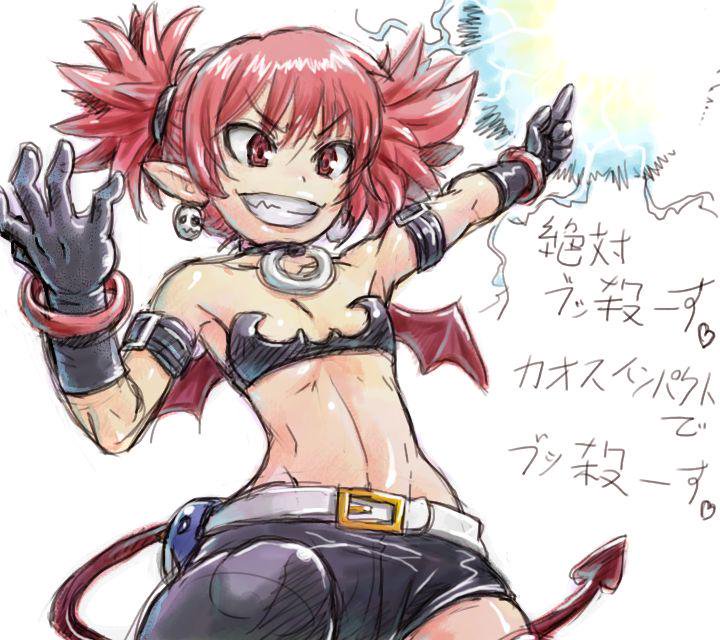 1girl amania_orz arm_length_gloves bat_wings bikini_top bra breasts collar demon demon_girl demon_tail disgaea disgaea_(series) etna gothic_lolita leather_boots leather_gloves magic makai_senki_disgaea makai_senki_disgaea_(series) micro_skirt midriff red_eyes red_hair revealing_clothes skindentation skull_earrings small_breasts smile stockings succubus tail teeth thigh_boots translation_request twin_tails white_background wings