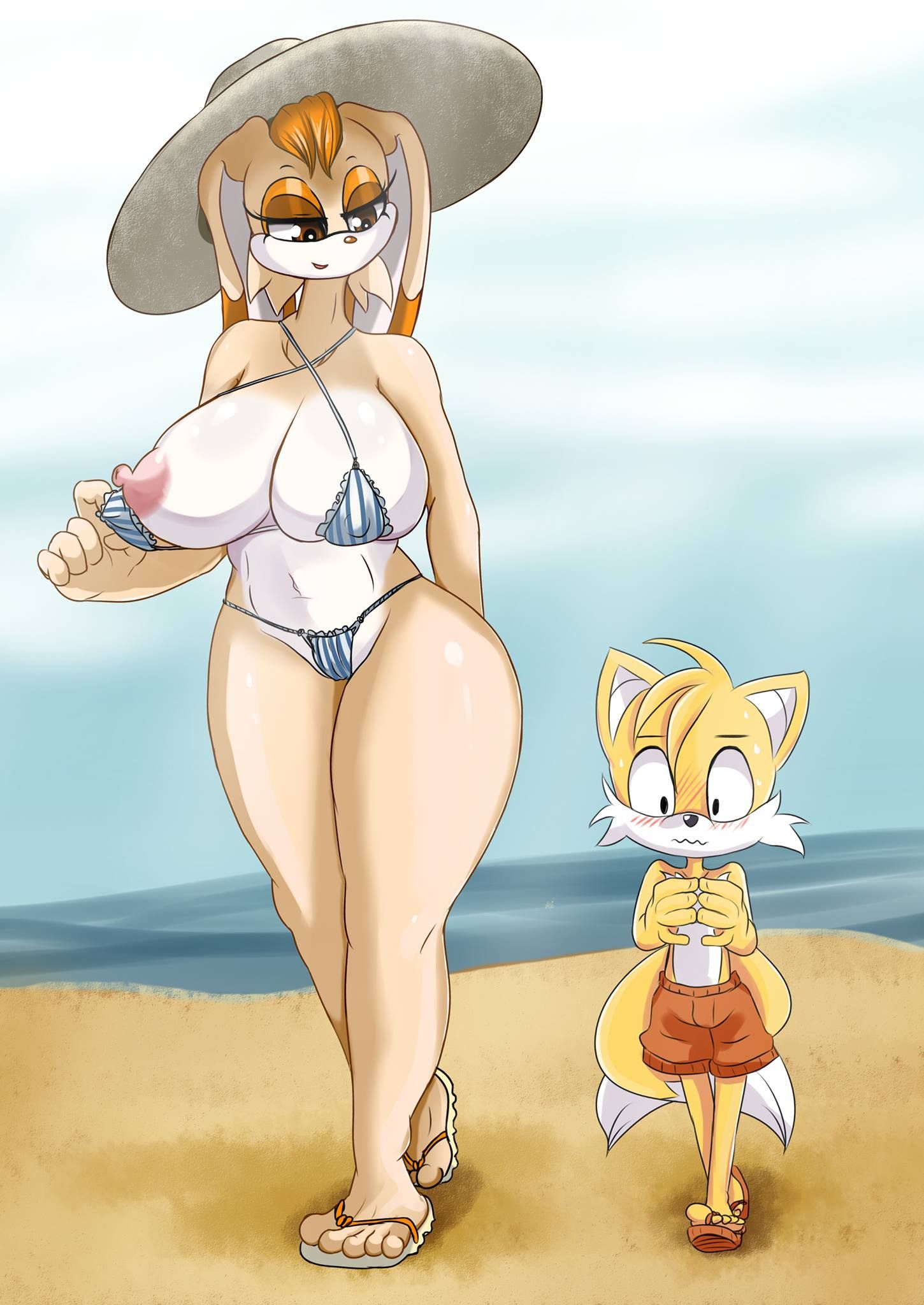 1girl 2017 anthro areola beach big_breasts bikini bikini_pull blush breasts canine clothing cub duo erect_nipples flashing footwear fox furry hat high_res ichduhernz lagomorph male mammal mature_female miles_"tails"_prower nipples outside rabbit sand sandals sea seaside seductive sega shorts shy size_difference smaller_male smile stepmother sun_hat swimsuit tumother vanilla_the_rabbit water