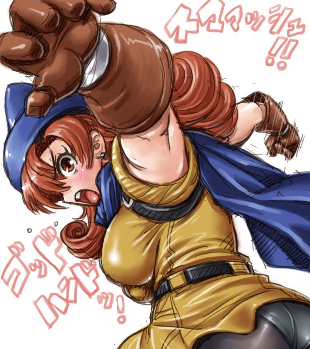 1girl alena_(dq4) amania_orz blush breasts brown_eyes brown_hair cape curly_hair dragon_quest dragon_quest_iv hat long_hair looking_at_viewer matching_hair/eyes open_mouth punch shiny shiny_clothes text tongue translated white_background