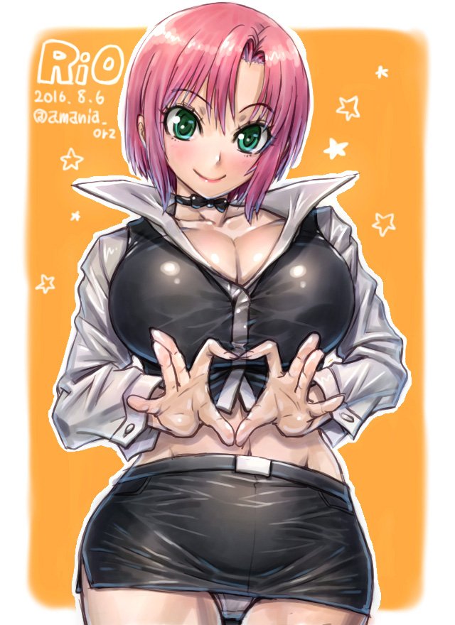 10s 1girl 2016 amania_orz big_breasts breasts character_name cleavage croupier dated green_eyes heart_hands looking_at_viewer midriff miniskirt navel panties pantyshot pencil_skirt pink_hair rio_rollins shiny shiny_clothes short_hair skirt smile super_blackjack underwear