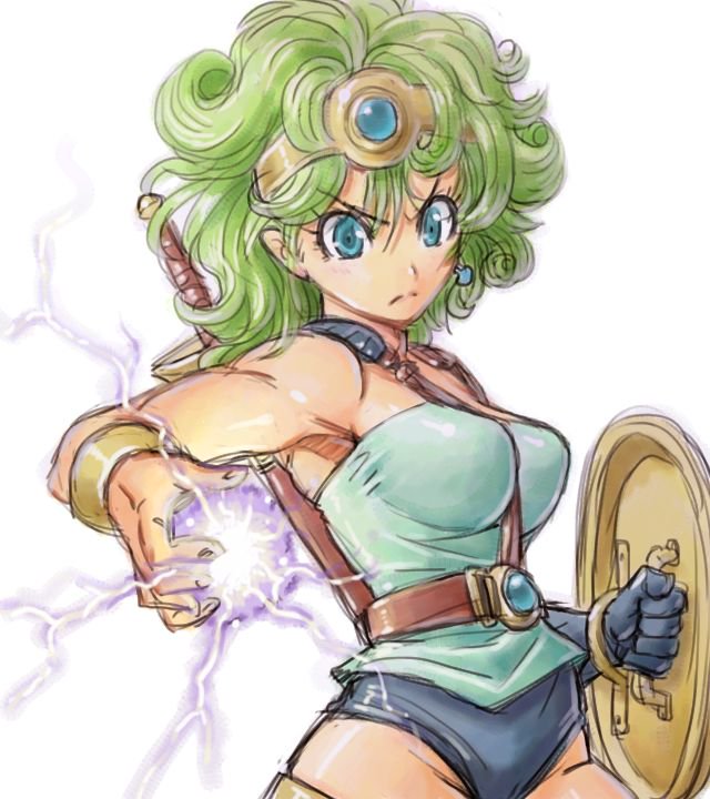 1girl amania_orz bare_shoulders breasts dragon_quest dragon_quest_iv energy green_hair heroine_(dq4) highleg long_hair looking_at_viewer magic shield skindentation sword tubetop weapon white_background
