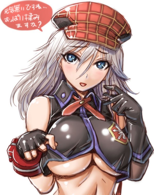 10s 1girl alisa_ilinichina_amiella amania_orz asymmetrical_clothes bare_shoulders big_breasts blue_eyes breasts crop_top crop_top_overhang elbow_gloves fingerless_gloves gloves god_eater hat long_hair open_mouth shiny shiny_clothes shirt_lift text translation_request underboob white_background white_hair