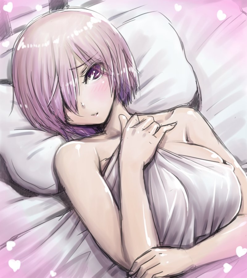 1girl amania_orz bare_shoulders bed_sheet big_breasts blush breasts collarbone fate/grand_order fate_(series) hair_over_one_eye heart looking_at_viewer lying naked_sheet on_back parted_lips pillow pink_hair purple_eyes shielder_(fate/grand_order) shiny shiny_hair short_hair under_covers