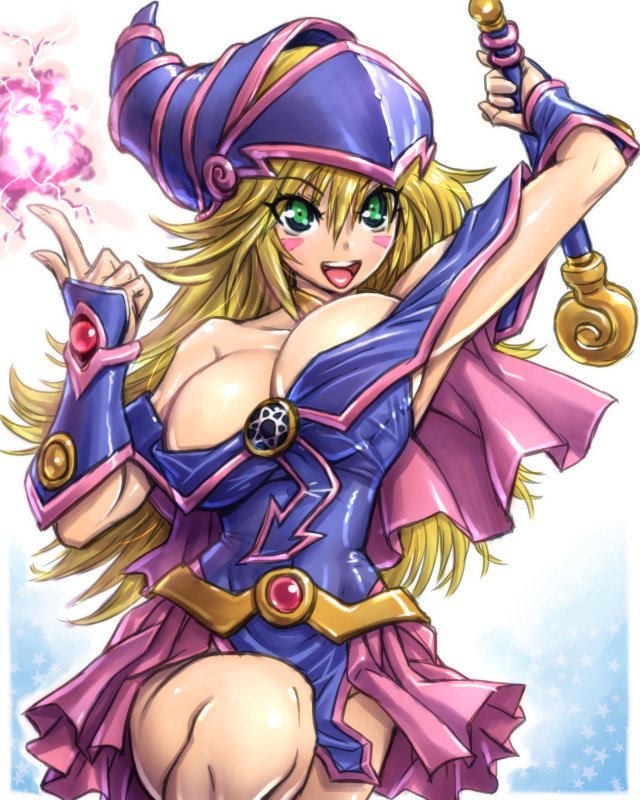 1girl amania_orz bare_shoulders big_breasts blonde_hair breasts cleavage dark_magician_girl duel_monster gradient_background green_eyes hat long_hair magic open_mouth staff wizard_hat yu-gi-oh! yuu-gi-ou_duel_monsters