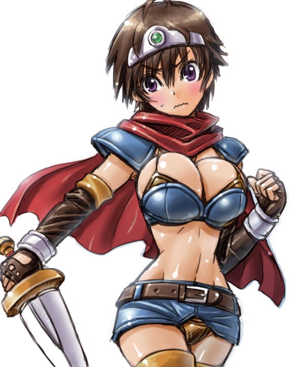1girl 1girl amania_orz armor big_breasts bikini_armor breasts brown_hair cape circlet dragon_quest dragon_quest_iii elbow_gloves embarrassed frown gloves heroine_(dq3) miniskirt roto shiny shiny_skin short_hair shoulder_pads skirt sword weapon white_background zettai_ryouiki