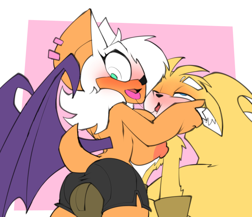 1girl 2017 anthro bat big_breasts bigdad blush breasts bulge canine clothed clothing duo fox furry huge_breasts male male/female mammal miles_"tails"_prower mobian_(species) nipples rouge_the_bat sega wings