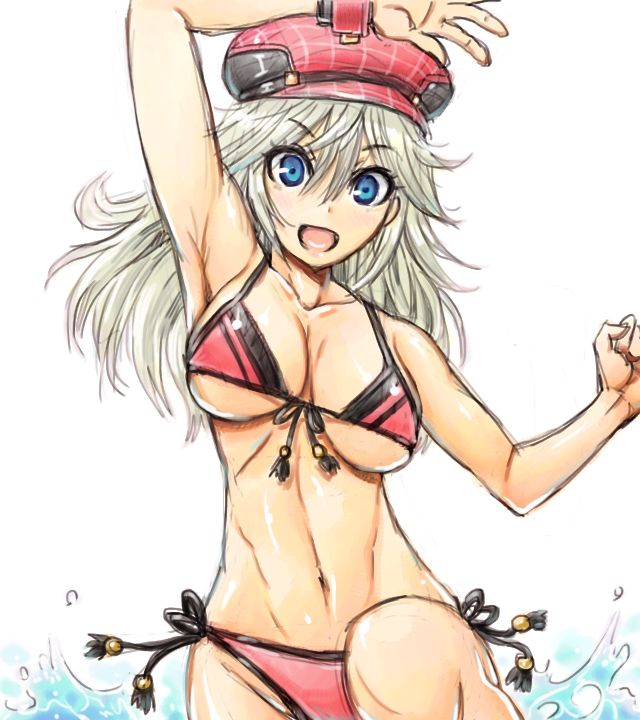 10s 1girl alisa_ilinichina_amiella amania_orz big_breasts bikini blue_eyes blush breasts cabbie_hat cleavage god_eater god_eater_burst hat long_hair looking_at_viewer open_mouth panties red_panties silver_hair simple_background smile swimsuit under_boob underwear water wet white_background