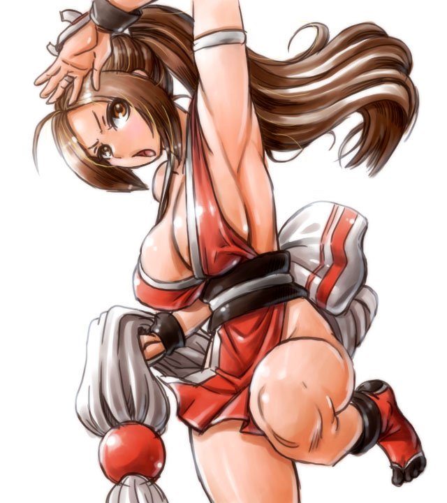 1girl amania_orz armpit big_breasts breasts brown_eyes brown_hair center_opening cleavage collarbone hair_ornament huge_breasts japanese_clothes king_of_fighters kof kunoichi long_hair long_ponytail looking_at_viewer mai_shiranui ninja open_mouth pelvic_curtain ponytail revealing_clothes shiny shiny_skin shiranui_mai sideboob simple_background thighs white_background