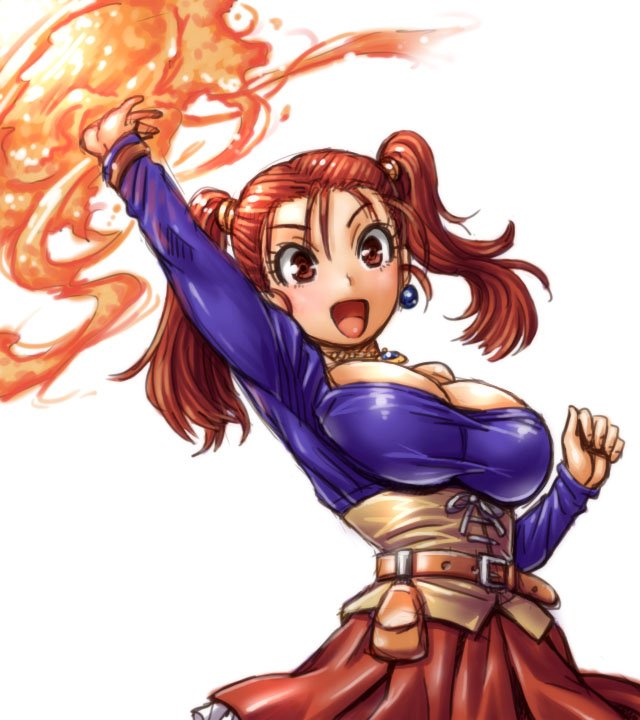 1girl amania_orz big_breasts breasts cleavage corset dragon_quest dragon_quest_viii earrings fire jessica_albert jewelry magic open_mouth red_hair shiny shiny_clothes slim_waist smile twin_tails white_background
