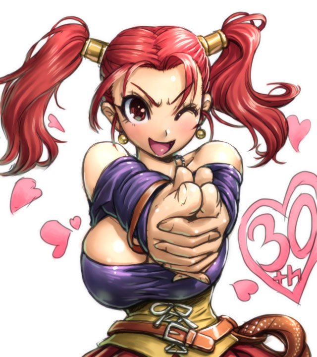 1girl amania_orz anniversary bare_shoulders breasts cleavage corset dragon_quest dragon_quest_viii huge_breasts jessica_albert one_eye_closed open_mouth pointing purple_shirt red_hair shirt smile twin_tails white_background