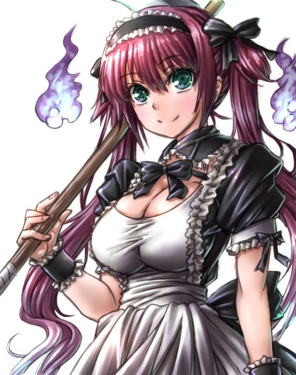 1girl airi_(queen's_blade) amania_orz big_breasts bow breasts cleavage green_eyes hair_ribbon long_hair maid maid_headdress puffy_short_sleeves puffy_sleeves queen's_blade red_hair ribbon scythe short_sleeves simple_background twin_tails upper_body white_background