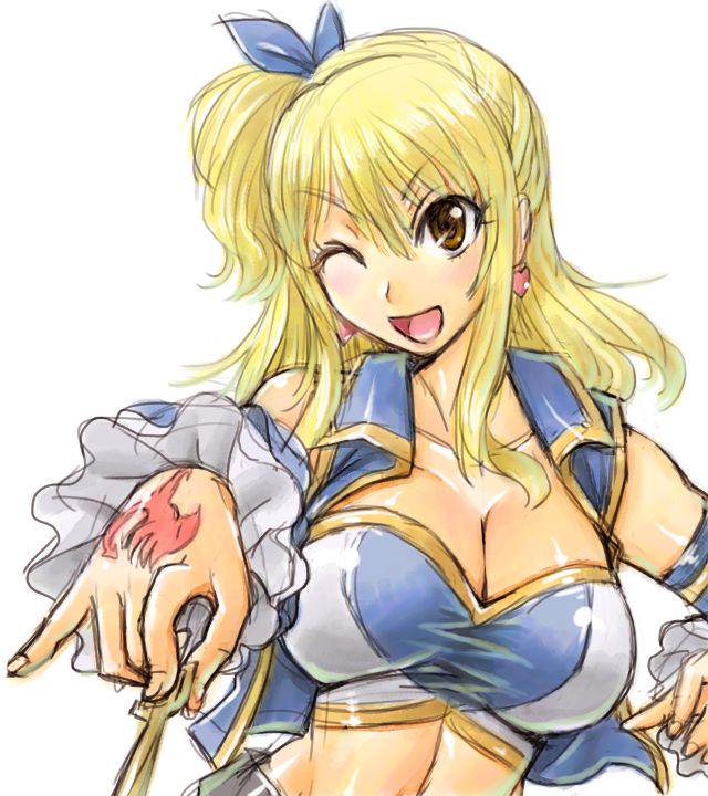 1girl amania_orz big_breasts blonde_hair breasts cleavage detached_sleeves fairy_tail key looking_at_viewer lucy_heartfilia midriff open_mouth ponytail shiny shiny_skin tattoo white_background wink