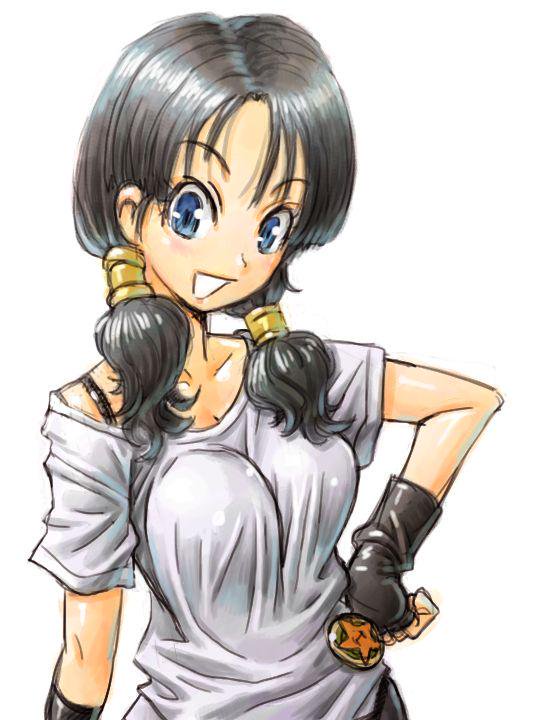 1girl 90s amania_orz big_breasts black_hair blue_eyes bra_strap breasts dragon_ball dragon_ball_z fingerless_gloves long_hair looking_at_viewer open_mouth shiny shiny_skin shirt twin_tails upper_body videl white_background white_shirt