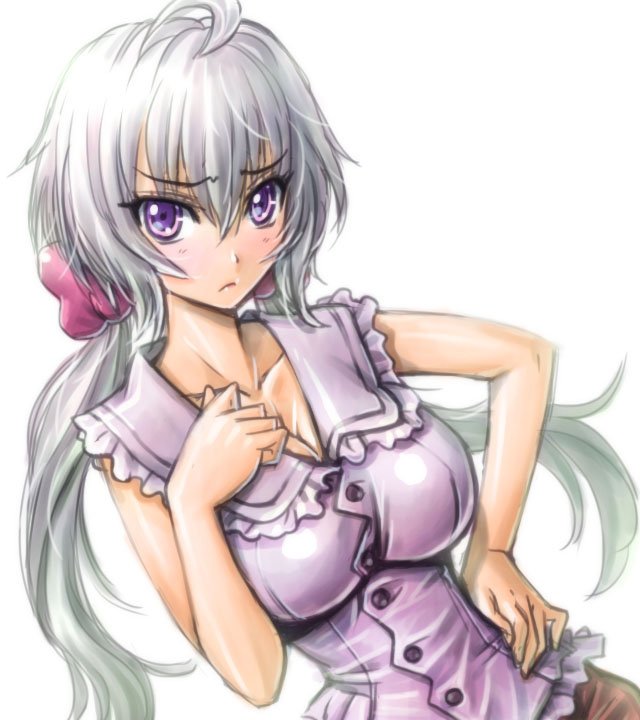 10s 1girl ahoge amania_orz big_breasts breasts cleavage frown hand_on_hip long_hair looking_at_viewer low_twintails purple_eyes senki_zesshou_symphogear shy silver_hair simple_background sleeveless twin_tails upper_body white_background yukine_chris