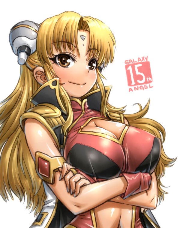 00s 1girl amania_orz armlet big_breasts blonde_hair bracelet breasts bridal_gauntlets brown_eyes center_opening cleavage_cutout crossed_arms dress facial_mark forehead_mark galaxy_angel hair_ornament hairpods jewelry long_hair looking_at_viewer navel_cutout ranpha_franboise simple_background upper_body white_background