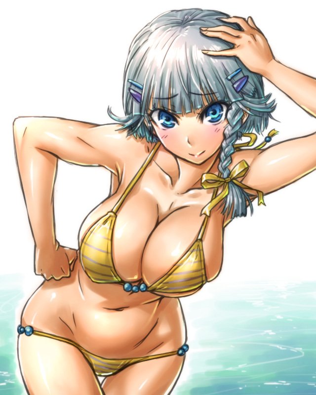 1girl amania_orz bare_shoulders big_breasts bikini blue_eyes blush braid breasts cleavage gradient_background hair_ornament hair_ribbon hairclip hand_on_head hand_on_hip looking_at_viewer navel ribbon seolla_schweizer short_hair side_braid silver_hair skindentation smile super_robot_wars swimsuit water