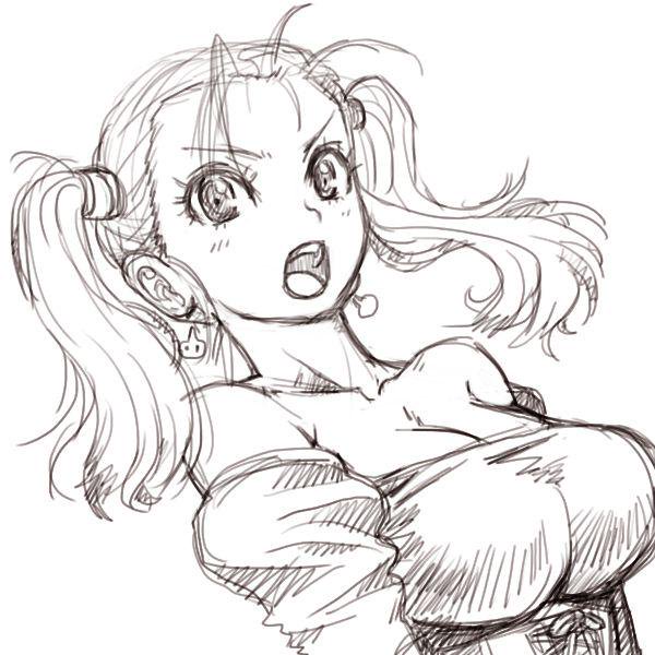 1girl amania_orz bare_shoulders big_breasts blush breasts cleavage dragon_quest dragon_quest_viii earrings jessica_albert long_hair looking_at_viewer monochrome open_mouth twin_tails upper_body white_background