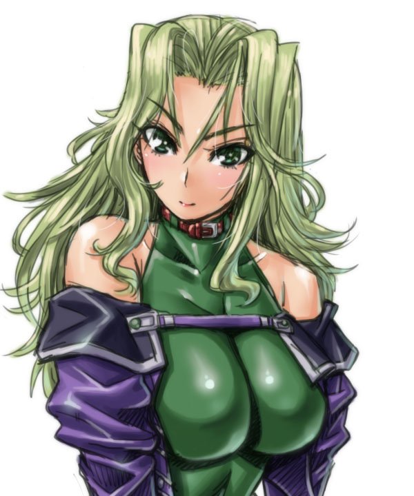 1girl amania_orz bare_shoulders big_breasts breasts collar green_eyes green_hair lamia_loveless long_hair looking_at_viewer matching_hair/eyes simple_background skin_tight smile super_robot_wars super_robot_wars_original_generation white_background