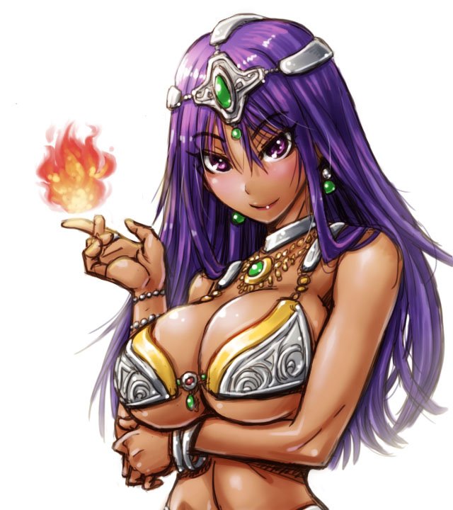 1girl amania_orz arm_under_breasts armor bare_shoulders big_breasts bikini_armor blush breasts circlet cleavage dancer's_costume_(dq) dark-skinned_female dark_skin dragon_quest dragon_quest_iv fire huge_breasts long_hair looking_at_viewer magic manya purple_eyes purple_hair shiny shiny_skin smile underboob upper_body white_background
