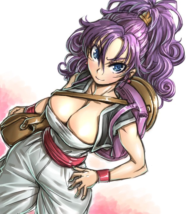 1girl amania_orz backpack bag big_breasts blue_eyes breasts cleavage curly_hair dragon_quest dragon_quest_iii gradient_background hair_between_eyes long_hair looking_at_viewer merchant_(dq3) purple_hair smile