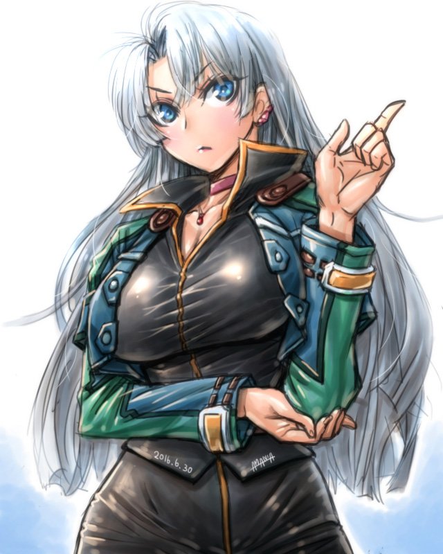 1girl 1girl amania_orz black_clothes blue_eyes breasts calvina_coulange choker cleavage gradient_background huge_breasts jacket jewelry long_hair necklace shiny shiny_clothes silver_hair super_robot_wars super_robot_wars_judgement super_robot_wars_og_moon_dwellers