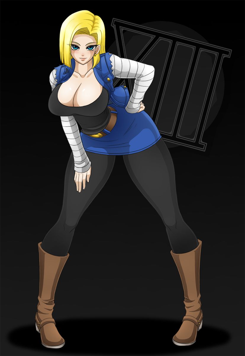 android_18 big_breasts blue_eyes breasts cleavage dragon_ball dragon_ball_gt dragon_ball_super dragon_ball_z female solo waifuholic yellow_hair