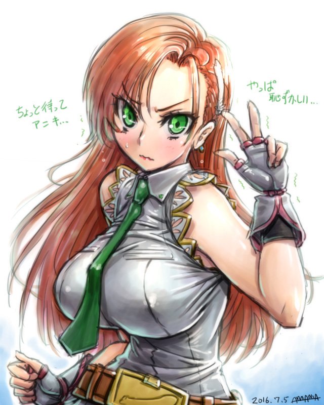 1girl amania_orz angry bare_shoulders belt big_breasts blush breasts cliana_rimskaya earrings erect_nipples feathers fingerless_gloves gloves gradient_background green_eyes hair_ornament hairclip jewelry long_hair looking_at_viewer neck_tie orange_hair super_robot_wars super_robot_wars_destiny upper_body v