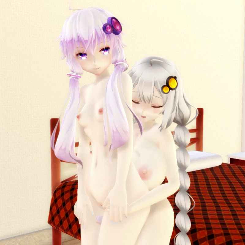2_girls bedroom big_breasts blush breasts closed_eyes erect_nipples erect_penis erection futanari_with_female gif grin holding holding_thighs looking_back mmd penis pink_hair pleasure pleasure_face thigh_sex thighjob thighs thrusting white_hair yuri
