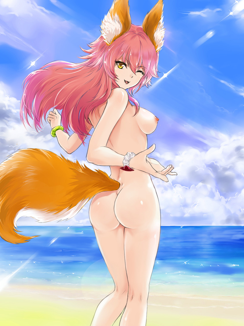 1girl ass beach breasts caster_(fate/extra) fate_(series) hentai looking_back nipples nude