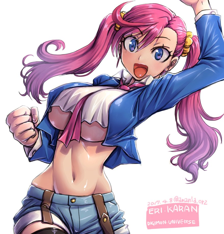 1girl amania_orz big_breasts breasts character_name crop_top dated digimon digimon_universe:_appli_monsters eyebrows_visible_through_hair jacket karan_eri long_hair midriff navel neck_tie open_mouth purple_eyes purple_hair shiny shiny_hair shiny_skin shorts simple_background stockings text twin_tails twitter_username two_side_up underboob white_background