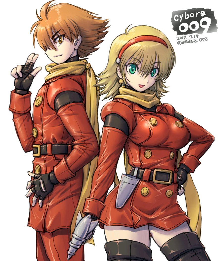 1boy 1girl amania_orz belt blonde_hair breasts brown_eyes brown_hair cyborg_009 fingerless_gloves francoise_arnoul gloves green_eyes hairband hand_on_waist looking_at_viewer oldschool open_mouth scarf shimamura_joe shiny shiny_clothes short_hair smile stockings white_background zettai_ryouiki